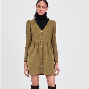 Olive Green Zara Corduroy V Neck Mini Dress, Small